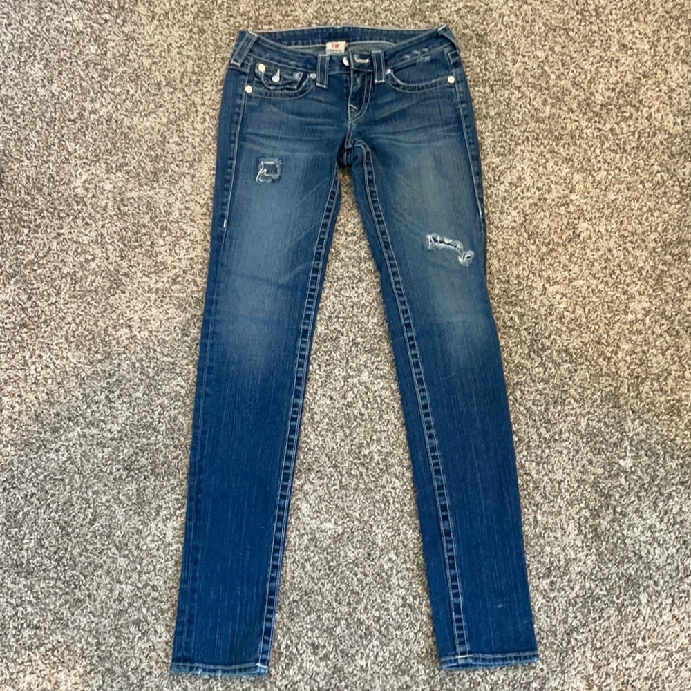 True Religion Julie Jeans.  Straight leg. Intentionally distressed.  Size 27